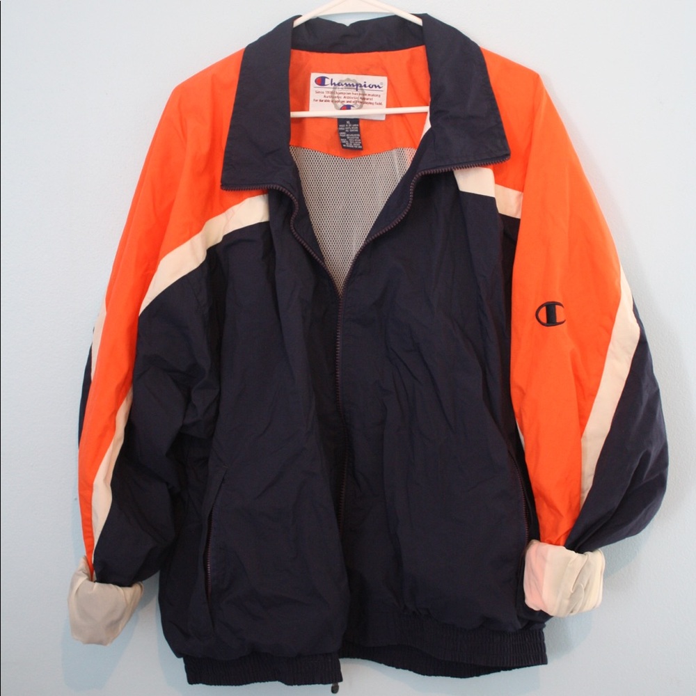 Orange and navy blue Champion windbreaker